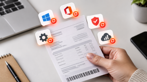 Mão segurando boleto com ícones de licenças de software (sistema operacional, pacote office, antivírus) destacados em vermelho, simbolizando os custos recorrentes de TI