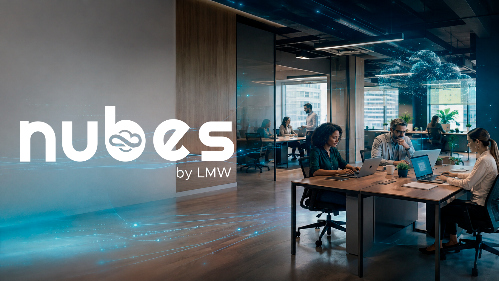 Equipe da Nubes trabalhando em escritório moderno com elementos de nuvem e tecnologia representando soluções de TI para PMEs
